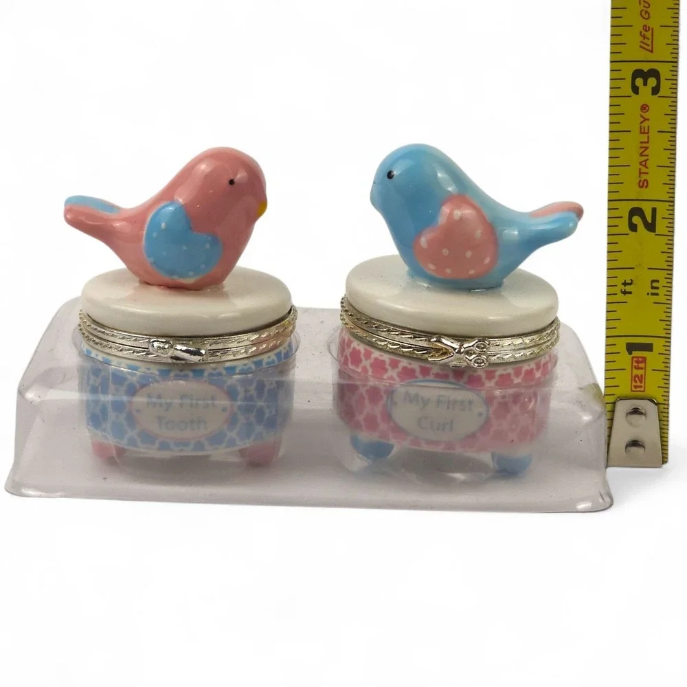 Mud Pie My First Tooth and Curl Keepsake Set Ceramic Bird Baby Trinket Box Pink